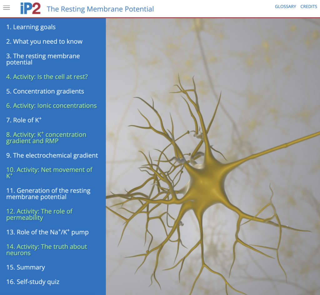 Screenshot of the opening page for Interactive Physiology 2; Resting Membrane Potential.